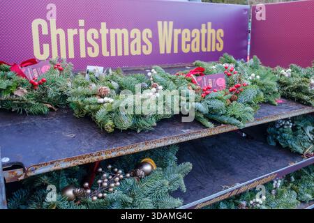 Couronnes de Noël à vendre à Waitrose au pont Menai sur Anglesey Banque D'Images