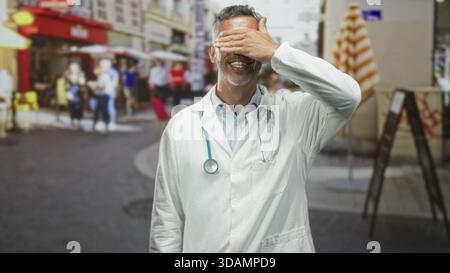 Docteur homme avec stéthoscope couvrant les yeux avec la main sur la rue animée tout en souriant et portant un manteau blanc ; ludique. Banque D'Images