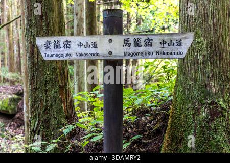 Panneau de signalisation sur le sentier historique Nakasendo entre les villes postales de Tsumagojuku et Magomejuku, Nagiso, préfecture de Nagano, Japon – le Nakasendo était l'une des cinq routes impériales de l'époque d'Edo Banque D'Images