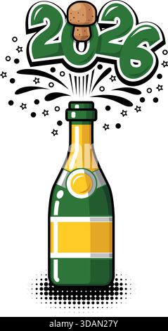 toast des fêtes 2026, liège et liège éclaboussant de la bouteille de champagne. Modèle vectoriel sur fond transparent Illustration de Vecteur