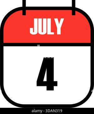 Page de calendrier rouge et blanc montrant la date du 4 juillet pour l'icône de fête patriotique de célébration du jour de l'indépendance des États-Unis dans le calendrier graphique audacieux Illustration de Vecteur