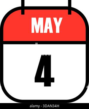 Page de calendrier rouge et blanche montrant la date du 4 mai pour la célébration de Star Wars Day May the Fourth Be with You pop culture icône de vacances en gras Illustration de Vecteur