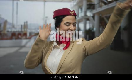 Femme hispanique hôtesse de bord en uniforme souriant à l'extérieur sur une rue de la ville, exsudant la joie et l'élégance professionnelle. Banque D'Images
