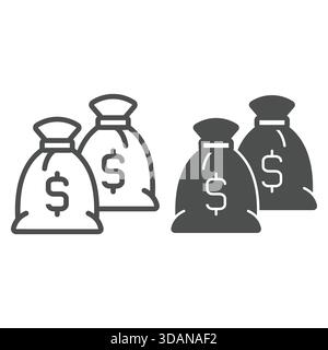 Deux sacs de ligne d'argent et icône solide, désert ouest et concept de banque. Graphiques vectoriels. Sacs d'argent avec le signe dollar sur fond blanc, style de contour Illustration de Vecteur