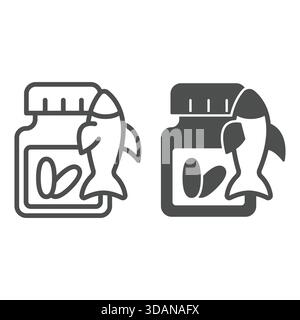 Omega capsules pot et ligne de poisson et icône solide, concept d'acides gras. Graphiques vectoriels. Signe de médecine sur fond blanc, icône de style de contour pour mobil Illustration de Vecteur