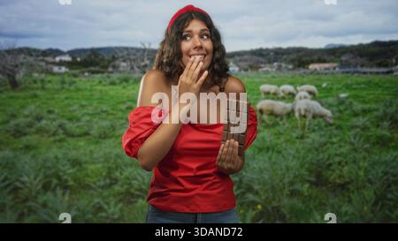 Adolescente tenant la barre de chocolat avec la main couvrant la bouche dans la forêt, le dessus rouge et le pâturage mouton dans les pâturages visibles ; curiosité ludique. Banque D'Images