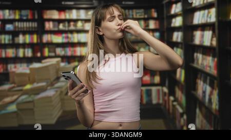 Une jeune femme en débardeur rose se mord l'ongle tout en tenant un smartphone au milieu de livres empilés et d'étagères dans une bibliothèque ; anxiété. Banque D'Images