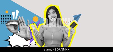 Collage d'une femme avec un objet au milieu de formes abstraites vibrantes et d'icônes Banque D'Images