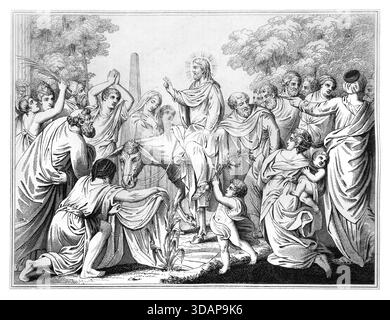 Illustration entrée de Jésus à Jérusalem avec des disciples prenant des foulards et les posant sur le sol pour que l'âne marche dessus de l'éd. de 1818 Banque D'Images