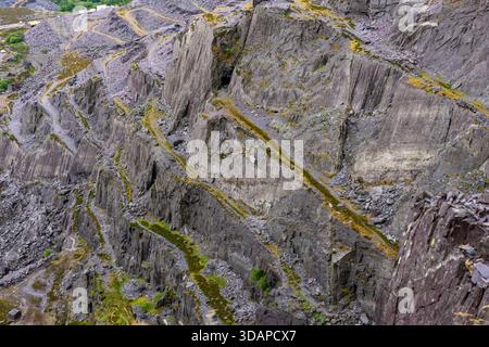 Travaux de carrières d'ardoise en terrasses et parois rocheuses abruptes à Dinorwic montrant des chemins industriels abandonnés Banque D'Images