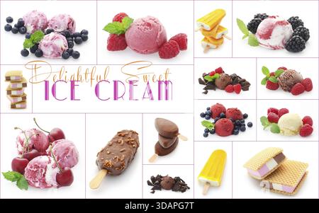 Nourriture, collage de différentes sortes de crème glacée isolé sur blanc Banque D'Images