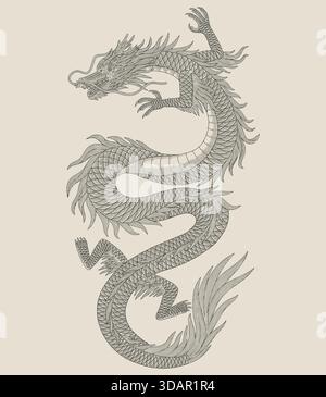 Dragon antique japonais, illustration de style dessin de gravure vintage Illustration de Vecteur