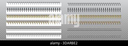Eléments de reliure à anneaux spiralés avec bobines métalliques en couleurs argent et or. Reliure horizontale pour bloc-notes affichée sur fond transparent pour des maquettes de papeterie ou des présentations de documents réalistes. Illustration de Vecteur