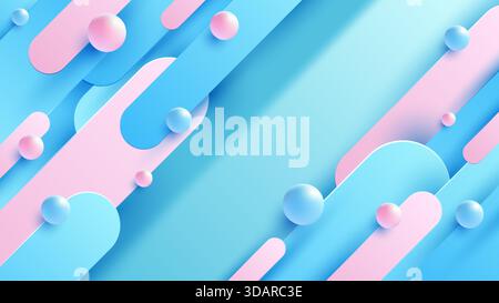 Fond abstrait au design minimal géométrique pastel avec des sphères 3D dynamiques et des capsules arrondies avec des effets d'ombre doux, parfait pour une fouille moderne Illustration de Vecteur