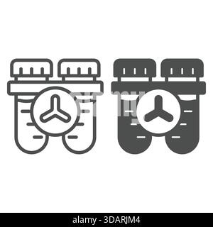 Fioles de test paire ligne et icône solide, concept de recherche clinique. Graphiques vectoriels. Deux tubes médicaux avec signe de marque de laboratoire sur fond blanc, dehors Illustration de Vecteur