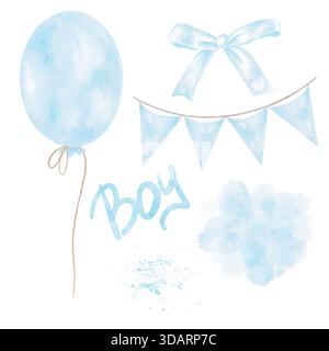 Blue balloon, banner, bow, and textured accents illustrated in watercolor create a coordinated clipart set. This hand-drawn bundle works for gender reveal invitations, party , and baby shower Banque D'Images