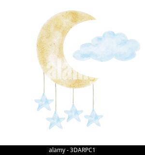 Gold crescent moon with blue clouds and stars in hand drawn watercolor illustration perfect for baby boy shower invites, nursery art prints, themed party decor Banque D'Images