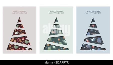 Ensemble de trois cartes de voeux de Noël avec Joyeux Noël et texte de bonne année et arbres stylisés faits de segments triangulaires remplis Illustration de Vecteur