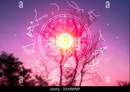 Signes du zodiaque et astrologie avec constellations, concepts, prédictions, horoscopes, croyances Banque D'Images