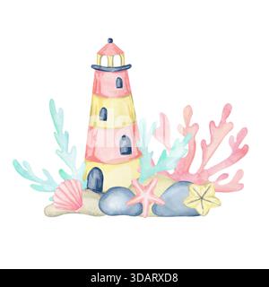 Phare rayé, corail rose, feuilles sarcelle et coquillages créent une illustration d'aquarelle dessinée à la main vive qui fonctionne bien pour les affiches maritimes, les motifs de surface, les étiquettes et les accessoires côtiers Banque D'Images
