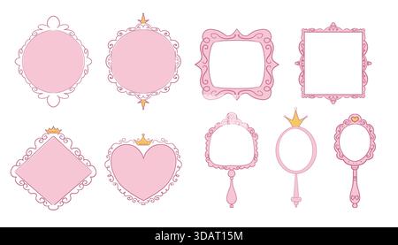 Cadre princesse miroir set ligne fée. Miroirs fantaisistes de doodle mignon avec couronne pour bébé princesse. Collection élégant décor pastel. Illustration vectorielle Illustration de Vecteur