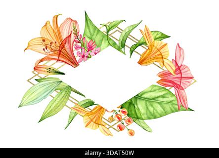 Modèle de carte florale aquarelle. Cadre horizontal en losange avec feuille d'or et place pour le texte. Fleurs d'orange transparentes, lis et feuilles d'eucalyptus Banque D'Images