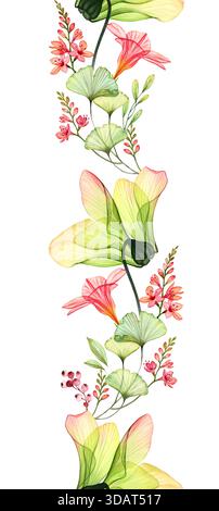 Aquarelle azalée transparente avec freesia, hibiscus et feuilles. Bordure verticale sans couture isolée sur blanc. Illustration florale botanique tropicale Banque D'Images