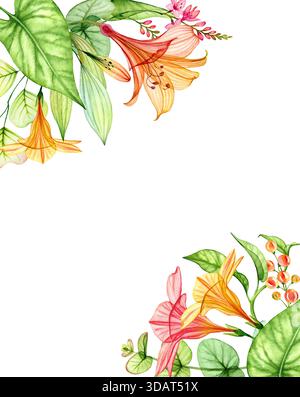 Modèle de carte florale aquarelle. Fleurs d'orange transparentes, lis et feuilles d'eucalyptus dans les coins. Illustrations tropicales botaniques pour bannières Banque D'Images