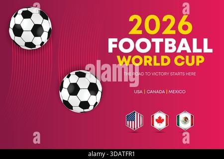 Bannière rose dégradée de la Coupe du monde de football 2026 avec ballons de football Illustration de Vecteur