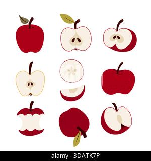 Doodle set de pommes rouges. Tranches, sections, morsure. Illustration vectorielle, conception plate Illustration de Vecteur