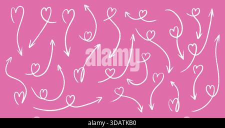 Flèches et pointeurs de coeurs de crayon dessinés à la main dans le style marqueur rouge. Illustration de Vecteur