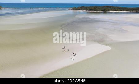 Vue aérienne de personnes profitant du soleil sur un banc de sable avec des eaux turquoises rencontrant l'horizon, Great Harbour Cay, Berry Islands, les Bahamas. Banque D'Images