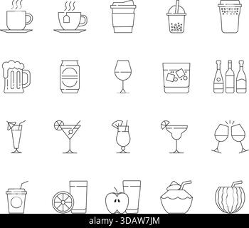 Ensemble d'icônes fines pour boissons et boissons. Symboles vectoriels pour cocktails, café, thé, bière, vin, et rafraîchissements sans alcool. Illustration de Vecteur