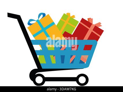 Un panier bleu est rempli de cadeaux vibrants de différentes couleurs, mettant en valeur une atmosphère festive idéale pour le shopping de vacances. La décoration joyeuse Banque D'Images