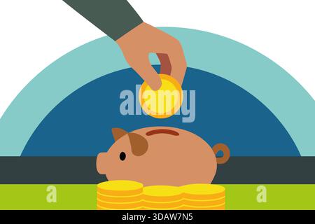 Une main laisse tomber une pièce d'or dans une tirelire tandis que les pièces sont empilées à proximité, illustrant le concept d'économiser de l'argent et de planification financière. Ce sce Banque D'Images
