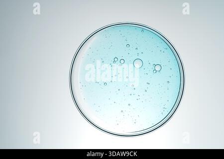 Vue de dessus d'une boîte de Pétri claire contenant une texture de gel bleu avec de petites bulles, placé sur un fond blanc lisse, créant un propre et scientifique Banque D'Images