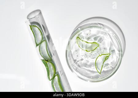 Vue de dessus d'un gel cosmétique transparent contenant des tranches d'aloe vera dans une boîte de Petri en verre et un tube à essai sur fond blanc, mettant en valeur un natura frais Banque D'Images