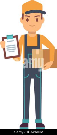 Un homme dans une chemise jaune et une salopette bleue tenant un presse-papiers et une boîte Illustration de Vecteur