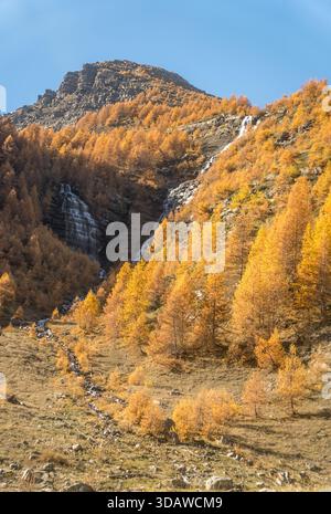 Une vue imprenable sur les Alpes en automne, mettant en valeur une cascade entourée d'un feuillage vibrant. Les arbres dorés contrastent magnifiquement avec le p robuste Banque D'Images