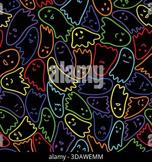 Motif fantômes néon mignon sans couture. Illustration vectorielle fond de conception plat. Illustration de Vecteur
