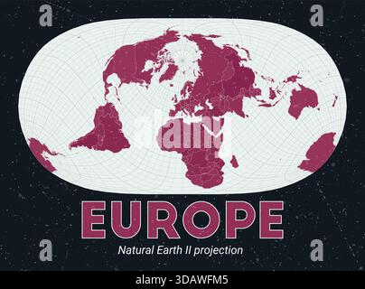 Europe. Carte du monde. Projection Natural Earth II centrée sur l'Europe. Palette Pink foncé menthe pâle. Texture vintage. Illustration vectorielle créative. Illustration de Vecteur