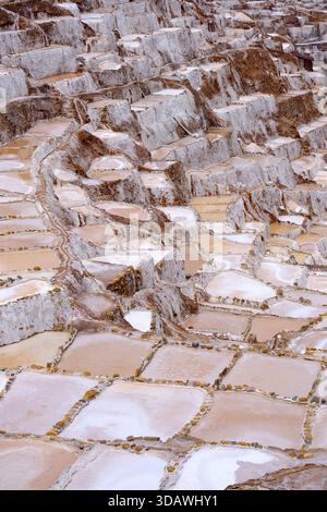 Configuration de bassins salants en terrasses dans les mines de sel de Maras dans la Vallée sacrée du Pérou Banque D'Images