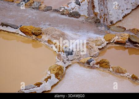 Configuration de bassins salants en terrasses dans les mines de sel de Maras dans la Vallée sacrée du Pérou Banque D'Images