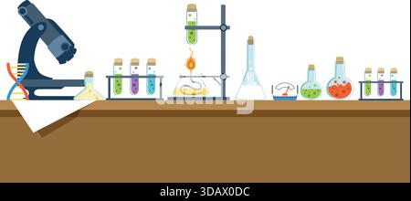 Une table de laboratoire avec de nombreuses bouteilles et béchers de couleurs différentes. La table est recouverte d'un tissu blanc Illustration de Vecteur