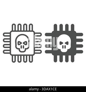 Microchip avec ligne de crâne et icône solide, concept d'attaques de pirates informatiques. Graphiques vectoriels. Processeur avec outil d'exploitation de hacker, signe matériel sur backgrou blanc Illustration de Vecteur