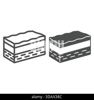 Gâteau avec ligne de couche de crème au chocolat et icône solide, concept de pâtisserie de bonbons. Graphiques vectoriels. Morceau de tranche de cupcake sucré, signe de boulangerie sur fond blanc Illustration de Vecteur