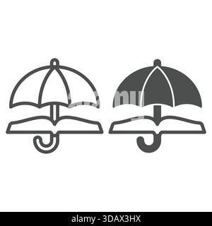 Parapluie avec ligne de livre et icône solide, concept de jurisprudence. Graphiques vectoriels. Livre ouvert et signe de parasol sur fond blanc, icône de style de contour pour Illustration de Vecteur