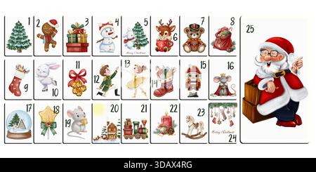 Calendrier de l'AVENT avec 25 illustrations de Noël mignonnes : Père Noël, cadeaux, jouets, animaux, bougies, et des éléments festifs. Style aquarelle confortable. Banque D'Images