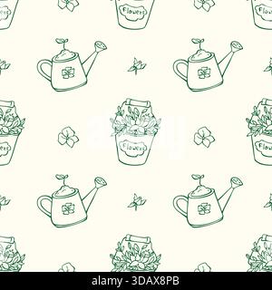 Motif cottagecore floral sans couture avec arrosoirs Illustration de Vecteur