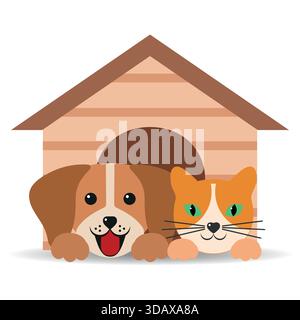 Illustration d'une maison pour animaux de compagnie. Chien et chat dans un chenil sur fond blanc. Illustration de Vecteur